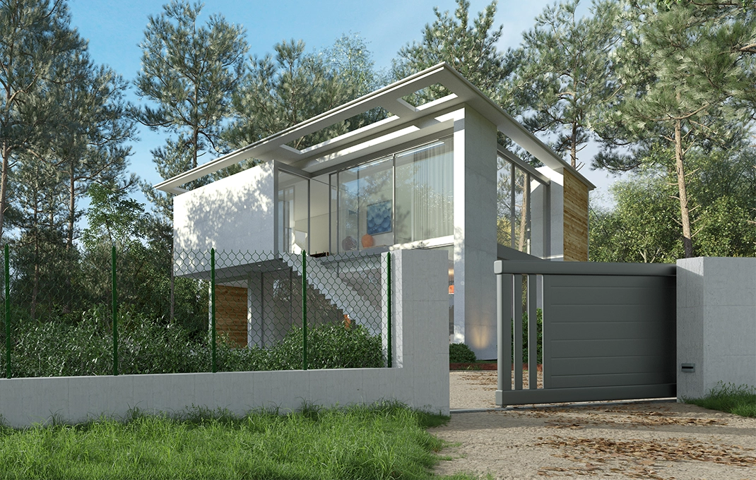 mise en situation portail en aluminium ventron coulissant Prefalu